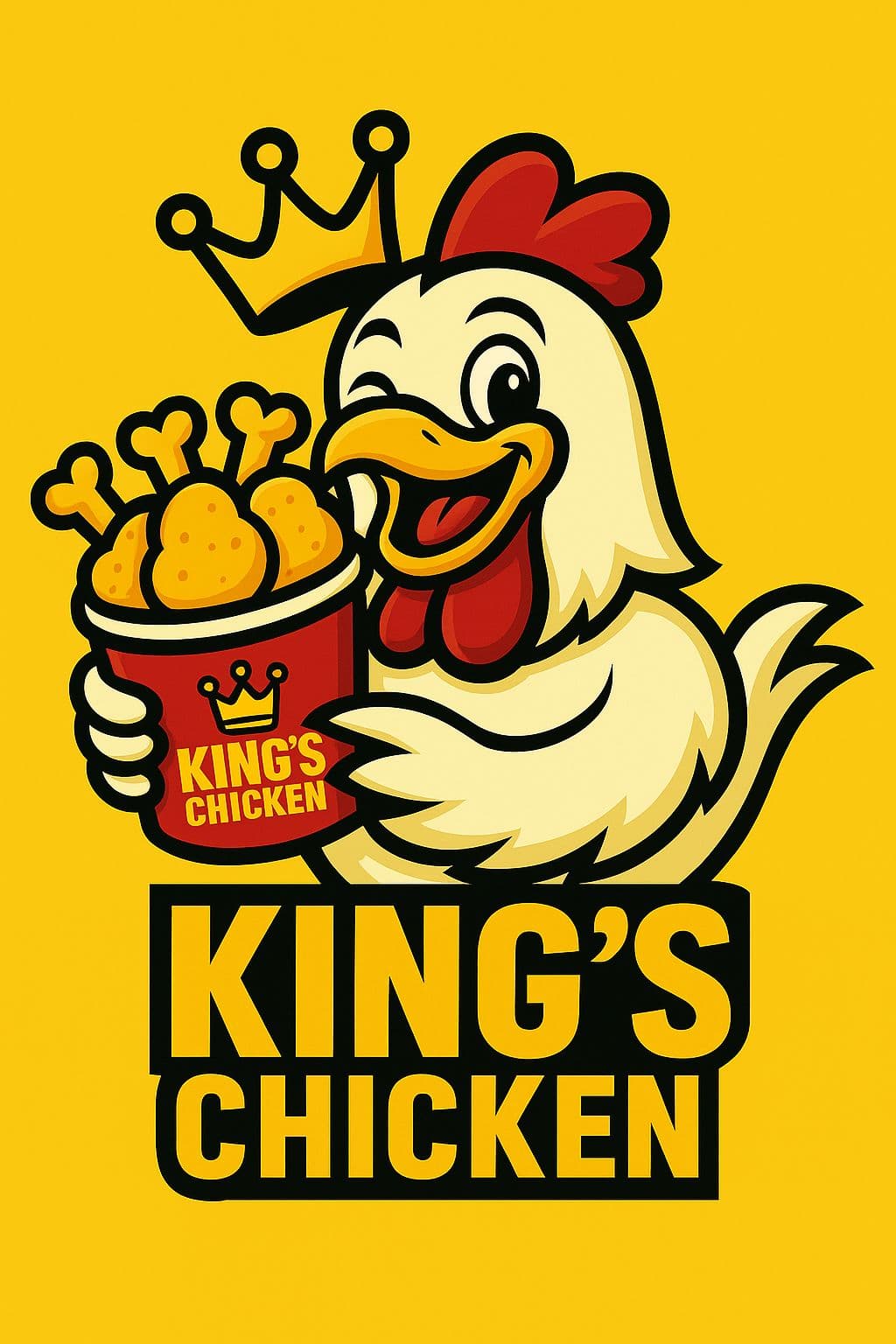 Logo King's Chicken - mangá de galinha com coroa segurando balde de frango